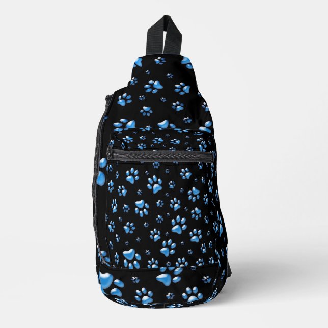 Shiny Blue Paws on black Background Print Pattern Sling Bag (Front)