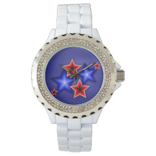Shiny Blue & Red Stars Rhinestones White Watch