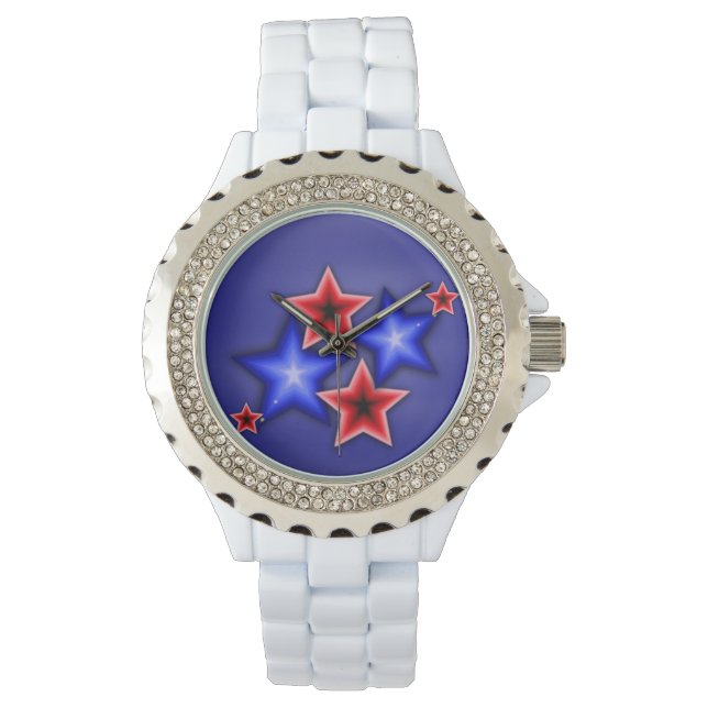 Shiny Blue & Red Stars Rhinestones White Watch (Front)
