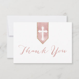Shiny Blush Rose Script Baptism Cross Thank You