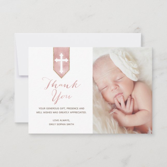 Shiny Blush Rose Script Baptism Thank You Photo (Front)