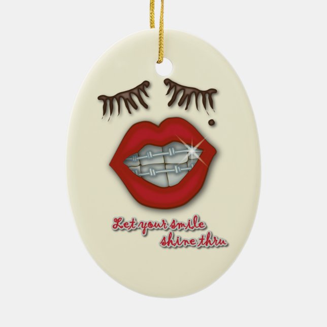 Shiny Braces, Red Lips, Mole, and Thick Eyelashes Ceramic Tree Decoration (Back)
