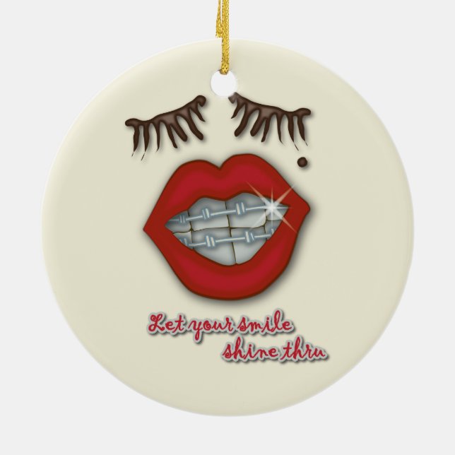 Shiny Braces, Red Lips, Mole, and Thick Eyelashes Ceramic Tree Decoration (Back)