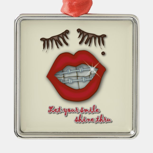 Shiny Braces, Red Lips, Mole, and Thick Eyelashes Metal Tree Decoration (Front)