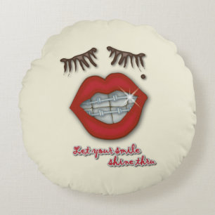 Shiny Braces, Red Lips, Mole, and Thick Eyelashes Round Cushion