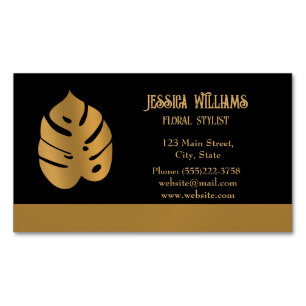 Shiny Bronze Flower Monstera Leaves on black Magnetic Business Card