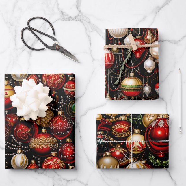 Shiny Christmas Baubles Trio Wrapping Paper (Front)