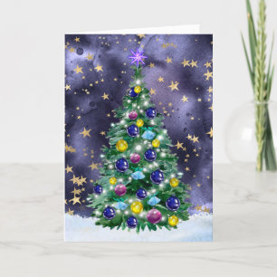 Shiny Christmas tree with bright colored baubles Card