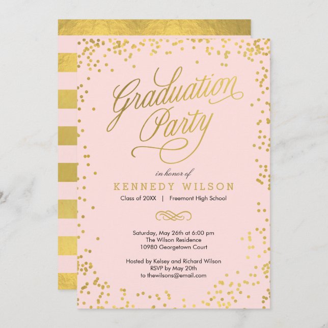Shiny Confetti Graduation Party Invitation Pink (Front/Back)