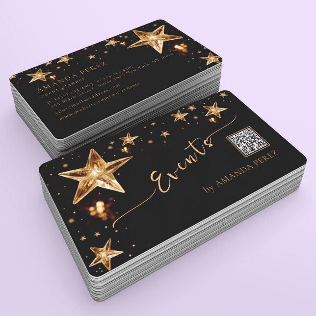 Shiny Crystal Gold Stars on Black Event Planning Business Card (Creator Uploaded)