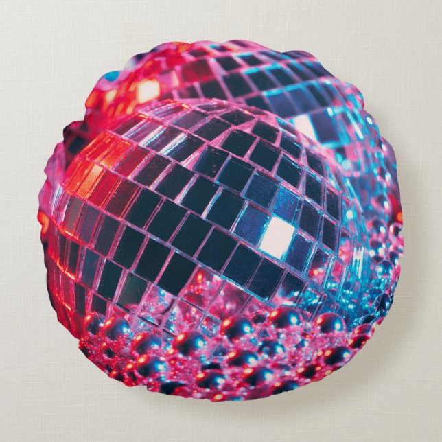 Shiny disco party background with mirror balls ref round cushion (Front)