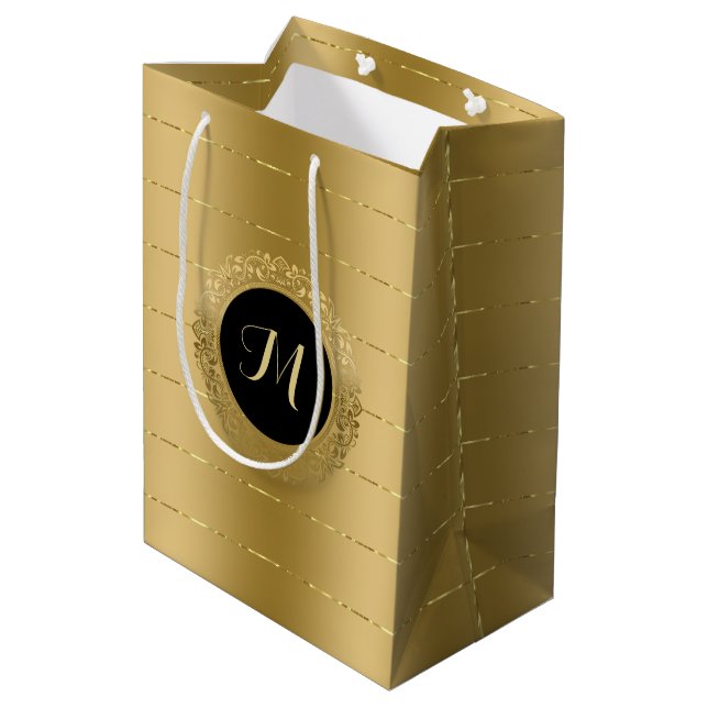 Shiny faux-gold stripes monogram medium gift bag (Back Angled)