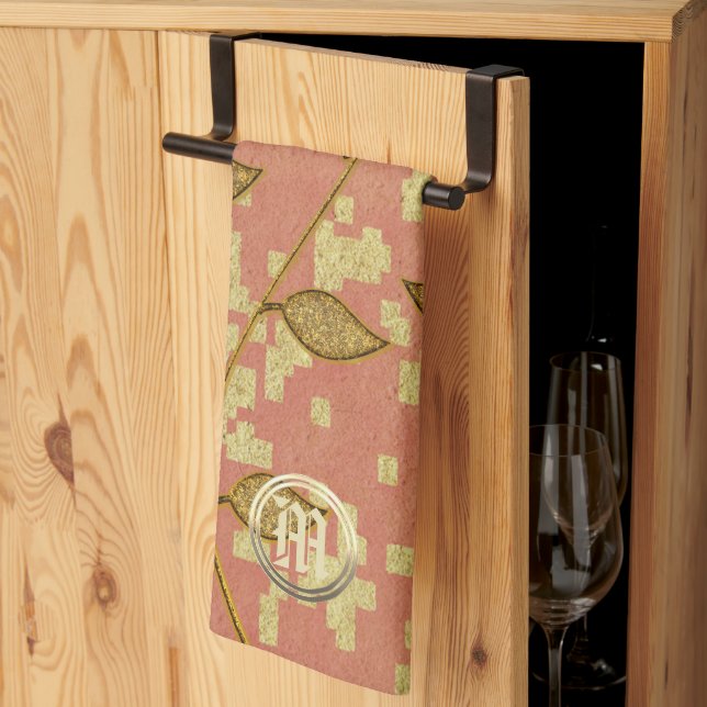 Shiny Floral Pink Monogrammed Tea Towel (Thirds Fold)