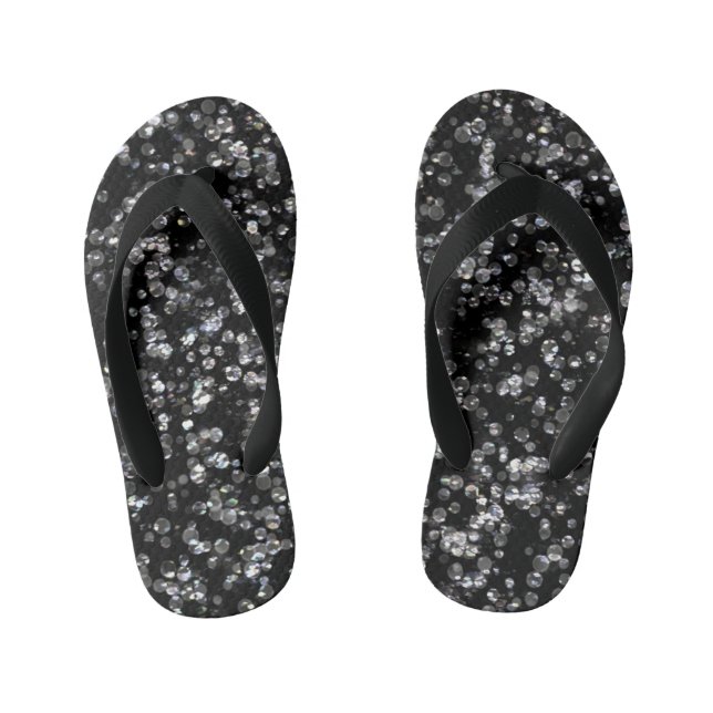 Shiny Glassy Bokeh Glitter Confetti and Black Kid's Jandals (Footbed)