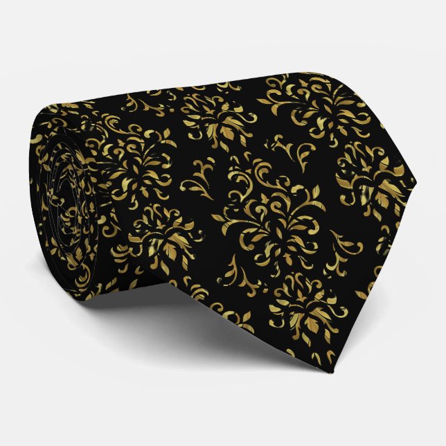 Shiny Gold And Black Vintage Swirls Pattern Tie (Rolled)