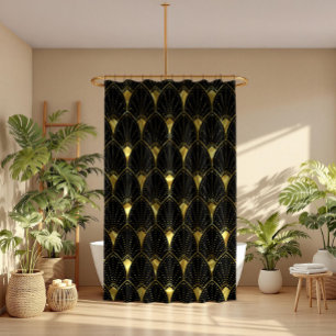 Shiny Gold Art Deco Pattern On Black Background Shower Curtain
