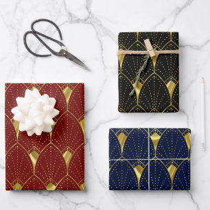 Shiny Gold Art Deco Pattern On Black, Red, Purple Wrapping Paper Sheet