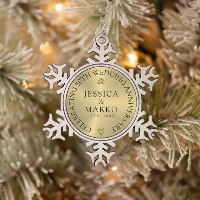 Shiny gold background gold wedding Anniversary Snowflake Pewter Christmas Ornament (Tree)