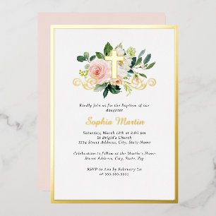 Shiny Gold Cross Pink Floral Baptism