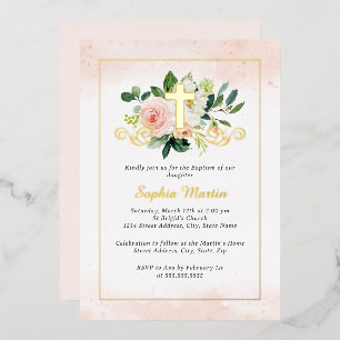 Shiny Gold Cross Pretty Floral Baptism