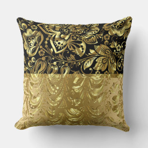Shiny Gold Damasks Black Accent Cushion