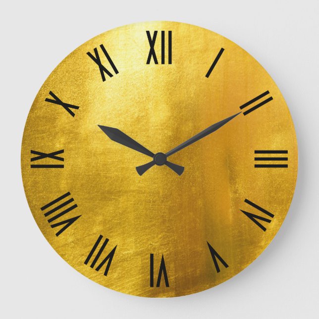 Shiny Gold Faux Foil Black Roman Numerals Large Clock (Front)