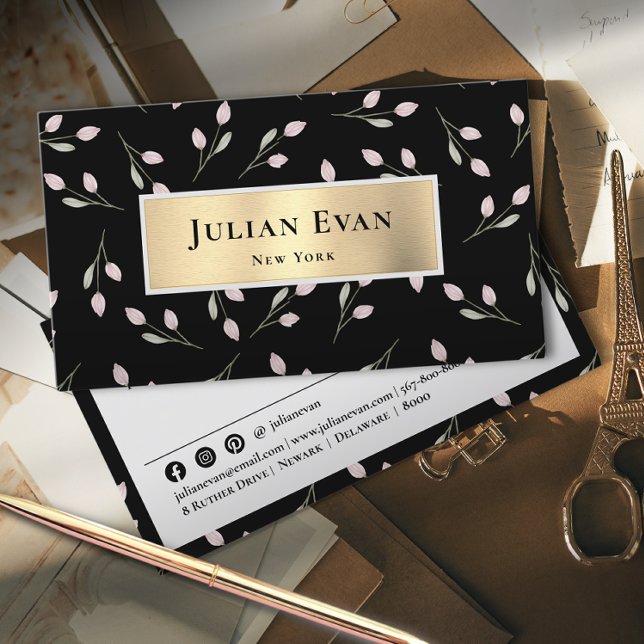 Shiny Gold Floral Black Business Card (Creator Uploaded)