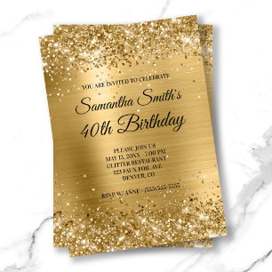 Shiny Gold Glitter Brushed Foil Monogram Birthday Invitation