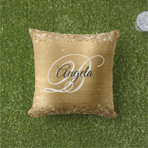 Shiny Gold Glitter Foil Fancy Monogram Cushion
