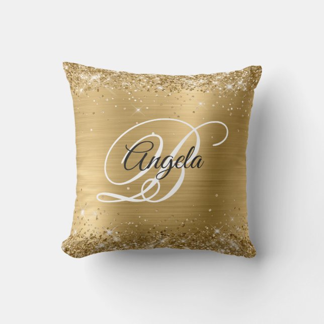 Shiny Gold Glitter Foil Fancy Monogram Cushion (Front)