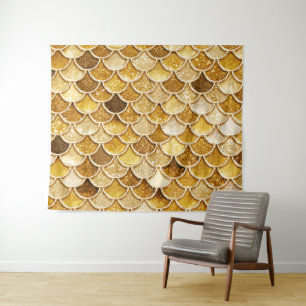 Shiny Gold Glitter Mermaid Scales Tapestry
