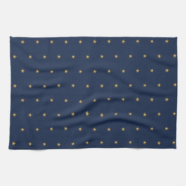 Shiny Gold Little Stars On Dark Blue Tea Towel (Horizontal)