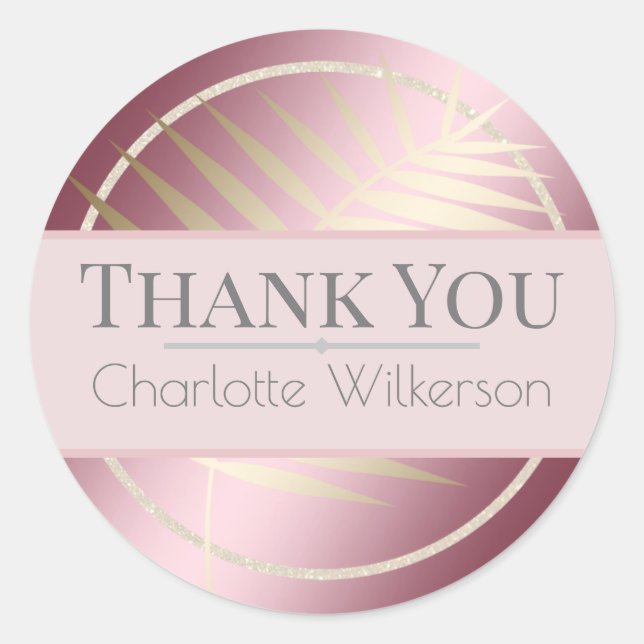 Shiny Gold Palm Leaf on Blush Pink with Glitter Classic Round Sticker (Front)