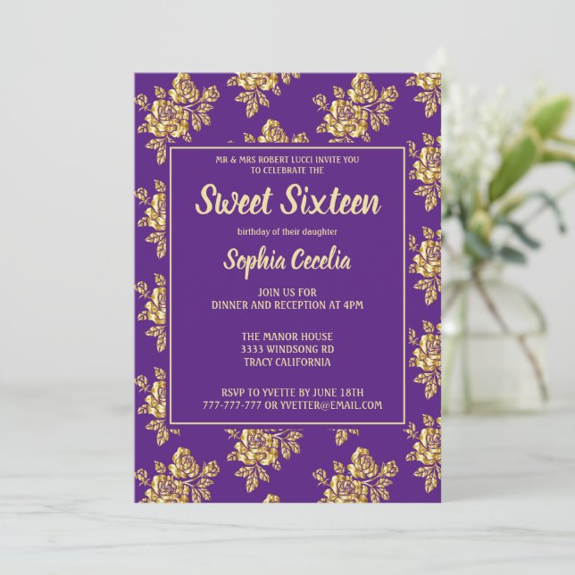 Shiny Gold Rose Sweet 16 Invitation (Standing Front)