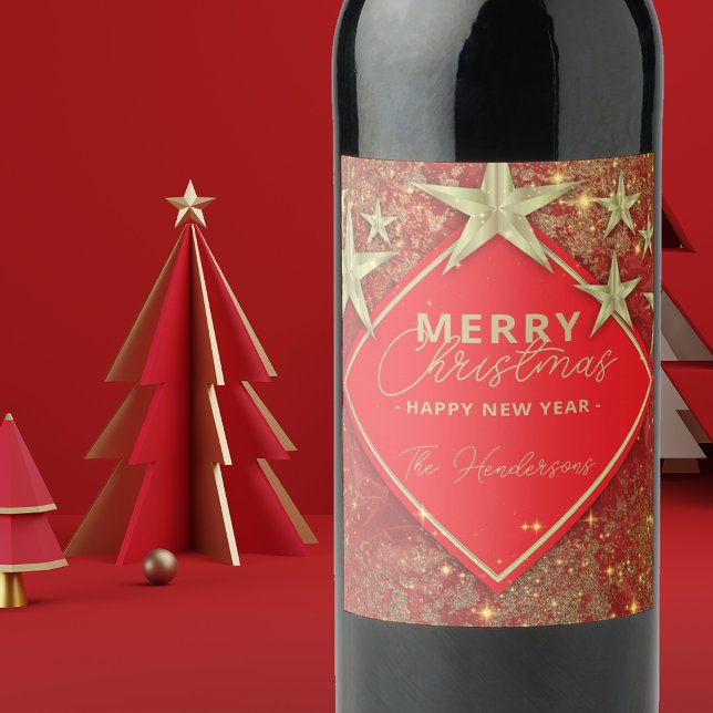 Shiny Gold Stars and Glitter Red Christmas Holiday Wine Label (Creator Uploaded)