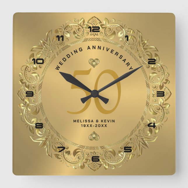 Shiny gold Swirls Circle 50th wedding  Square Wall Clock (Front)