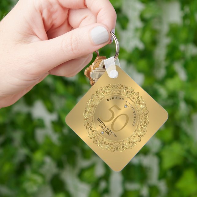 Shiny Gold Swirls Circle Frame 50th wedding Key Ring (Hand)