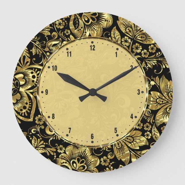 Shiny Gold Vintage Floral Damasks Large Clock (Front)