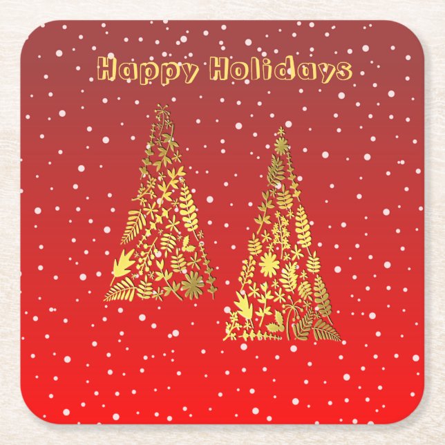 Shiny Golden Christmas Trees Holiday Paper Coaster (Front)