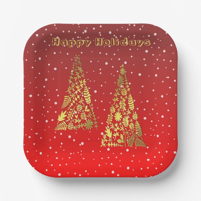 Shiny Golden Christmas Trees Holiday Paper Plate (Front)