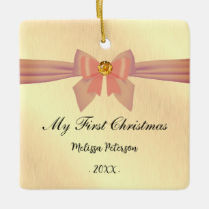 Shiny Golden Foil Pink Bow First Christmas Photo Ceramic Ornament