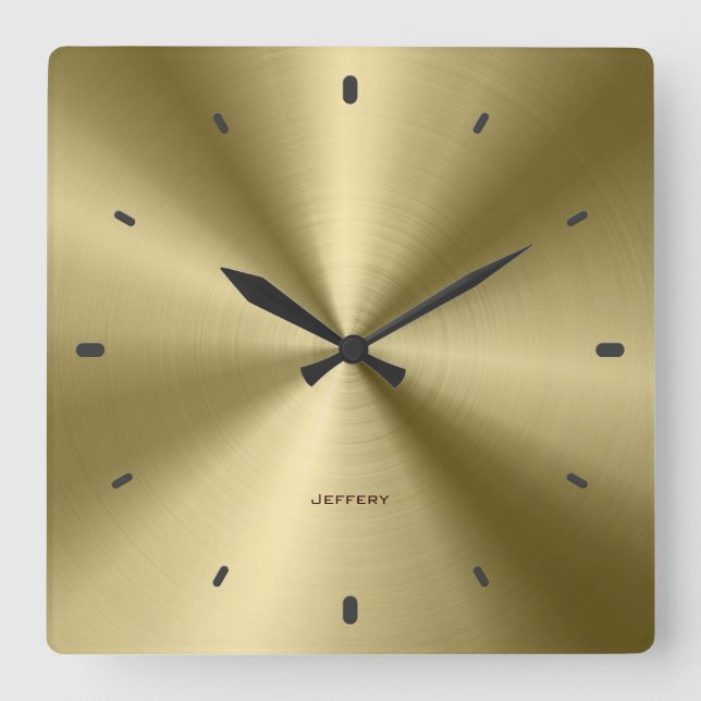 Shiny Golden Metallic Design-Stainless Steel Look Square Wall Clock (Front)