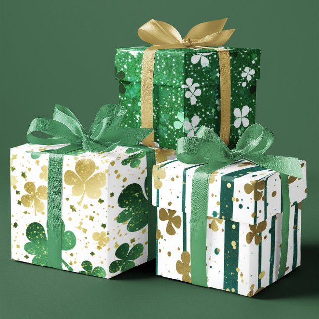 Shiny Green and Gold Shamrock Festive  set of 3 Wrapping Paper Sheet (Shiny Green and Gold Shamrock Festive set of 3 Wrapping Paper Sheets)