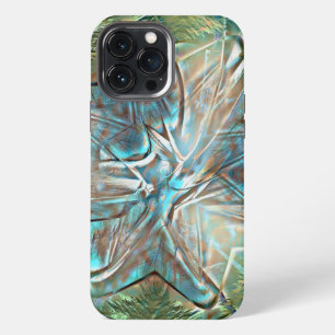 Shiny green & blue flower on pixel drizzle texture iPhone 13 pro max case