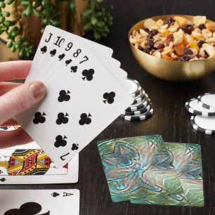 Shiny green & blue flower on pixel drizzle texture playing cards