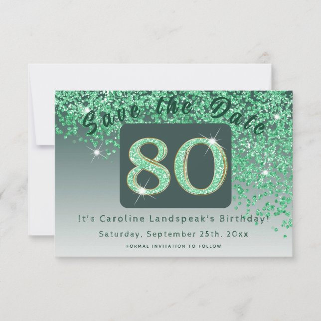 Shiny Green Glitter for 80th Birthday  Save The Date (Front)