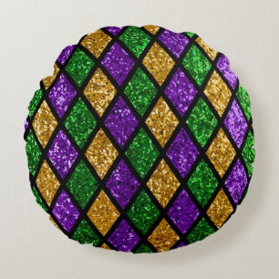 Shiny green, purple and golden glittering paillett round cushion