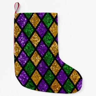 Shiny green, purple and golden glittering paillett small christmas stocking