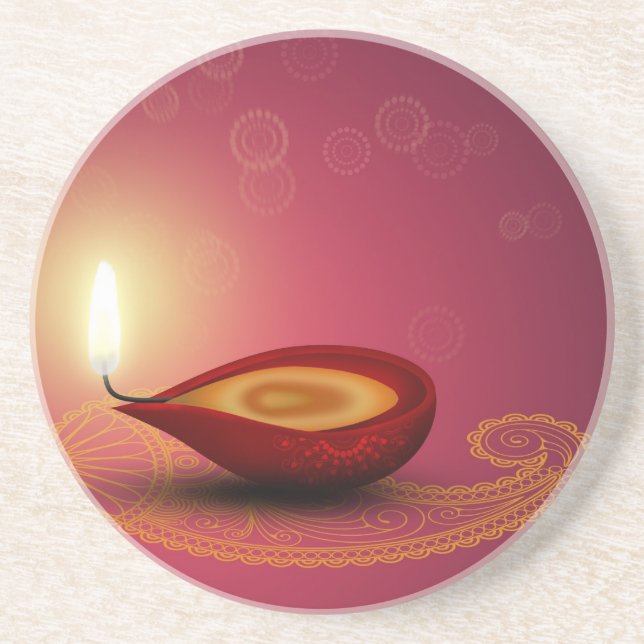 Shiny Happy Diwali Diya - Sandstone Coaster (Front)