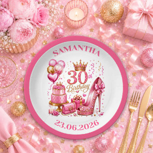 Shiny Magenta Pink Glitter 30th Birthday Paper Pla Plate